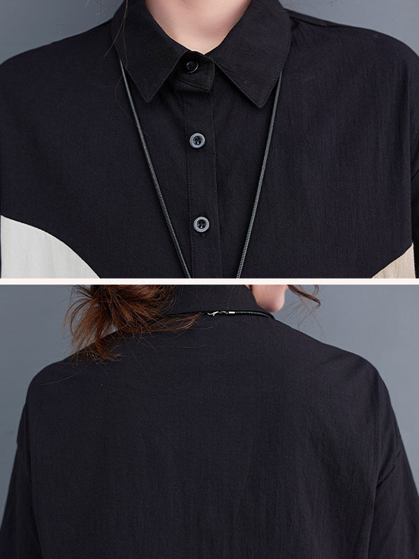 Color-Block Contrast Color Split-Joint Loose Oversize Lapel Shirt Dress Midi Dresses
