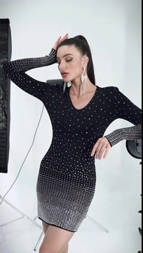 Hot Drilled Long-sleeved  V Neck Mini Dress