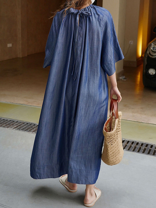 Drawstring Lace-Up Pleated Solid Color Loose Raglan Sleeve Round-Neck Midi Dresses
