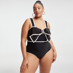 Plus Size Bow Decor One Piece Swimsuit and Skirt Flaxmaker