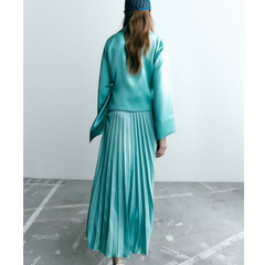 Flaxmaker V Neck Blue Solid Color Bouffant Two Piece Set