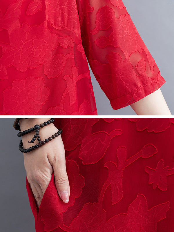 Jacquard See-Through Solid Color Loose Three-quarter Sleeves Round-neck Midi Dresses