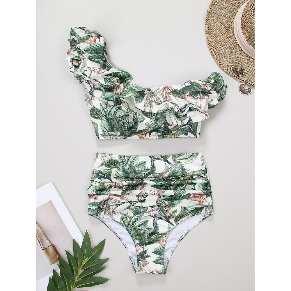 One Shoulder Ruffled White High Waist Bikini Swimsuit Flaxmaker