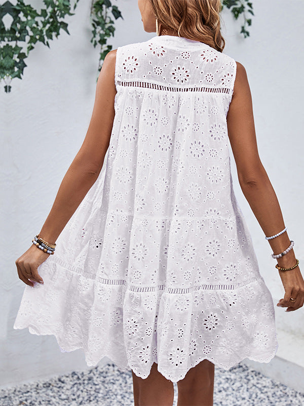 Hollow Lace-Up Solid Color Split-Joint Loose Sleeveless Round-Neck Mini Dresses