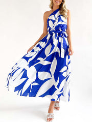 Bandage Contrast Color Hollow Printed Loose Sleeveless One-Shoulder Midi Dresses