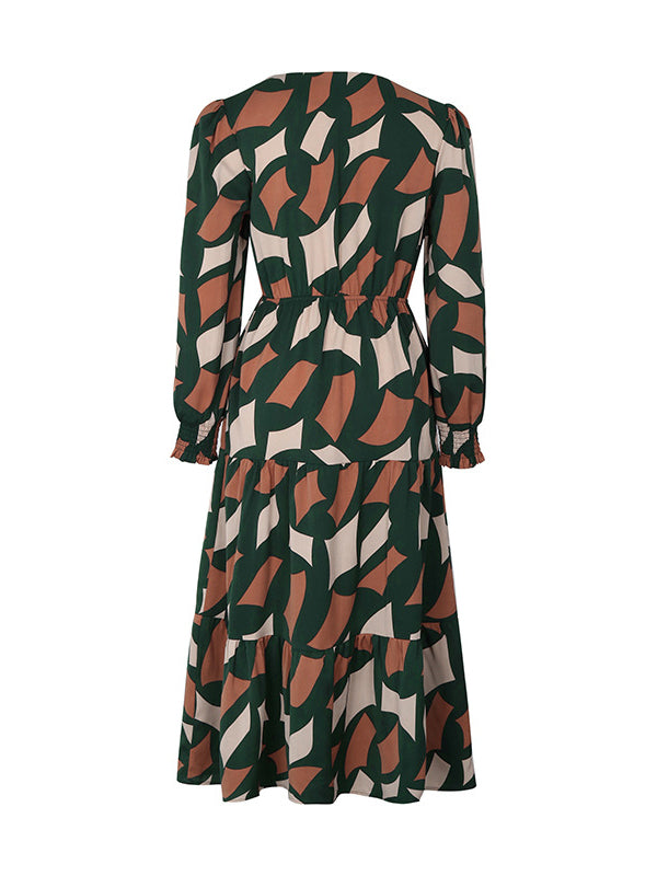 Buttoned Elasticity Pleated Printed Split-Joint Tied Waist A-Line Long Sleeves V-Neck Midi Dresses