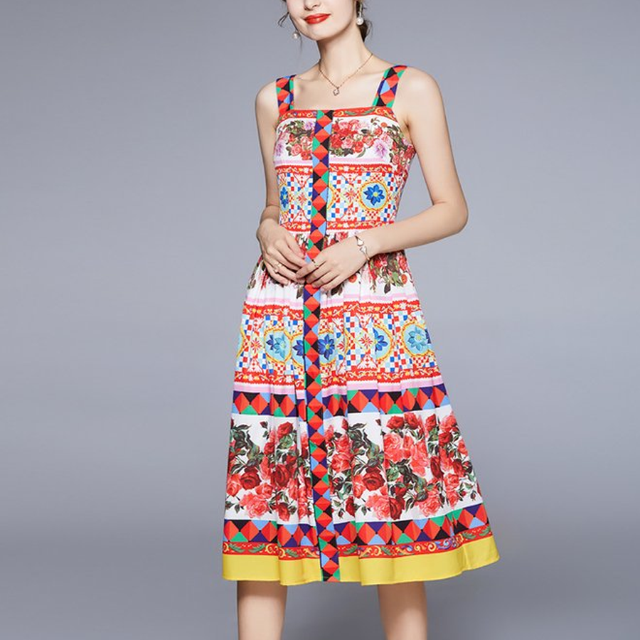 Flaxmaker Squared Neck Blossom Printed Dress