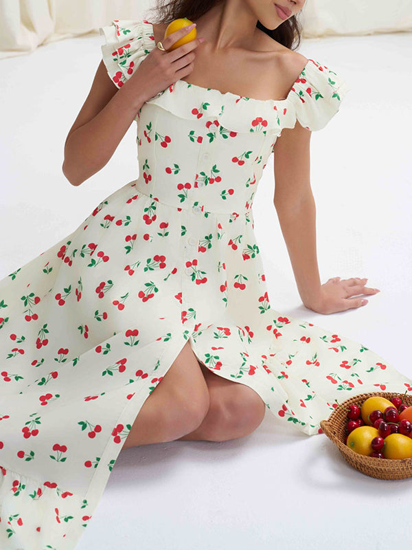 Buttoned Elasticity Flower Print Pleated High Waisted Loose Square-neck Midi Dresses