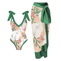 Tie-shoulder Printed One Piece Swimsuit and Sarong Flaxmaker