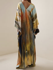 Printed Split-Joint Batwing Sleeves Loose V-Neck Maxi Dresses