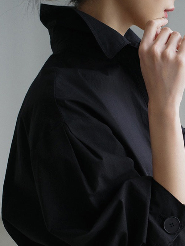 Long Sleeves Loose Pleated Solid Color Split-Joint Tied Waist Lapel Midi Dresses Shirt Dress