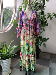 Flower Print Pleated Ruffled Split-Joint Bishop Sleeve High Waisted Deep V-Neck Maxi Dresses