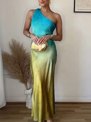 Gradient Color-Block Sleeveless Asymmetric Satin Maxi Dresses