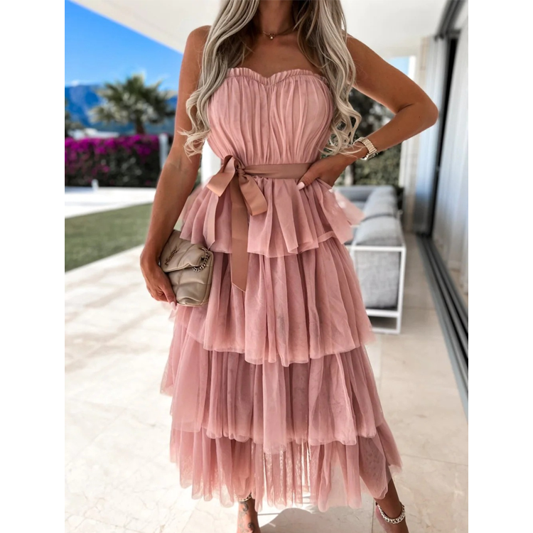 Mesh Temperament Wrapped Breast Sexy Cake Layer Midi Dress