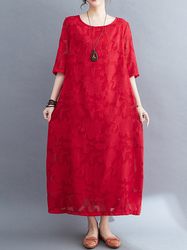 Jacquard See-Through Solid Color Loose Three-quarter Sleeves Round-neck Midi Dresses