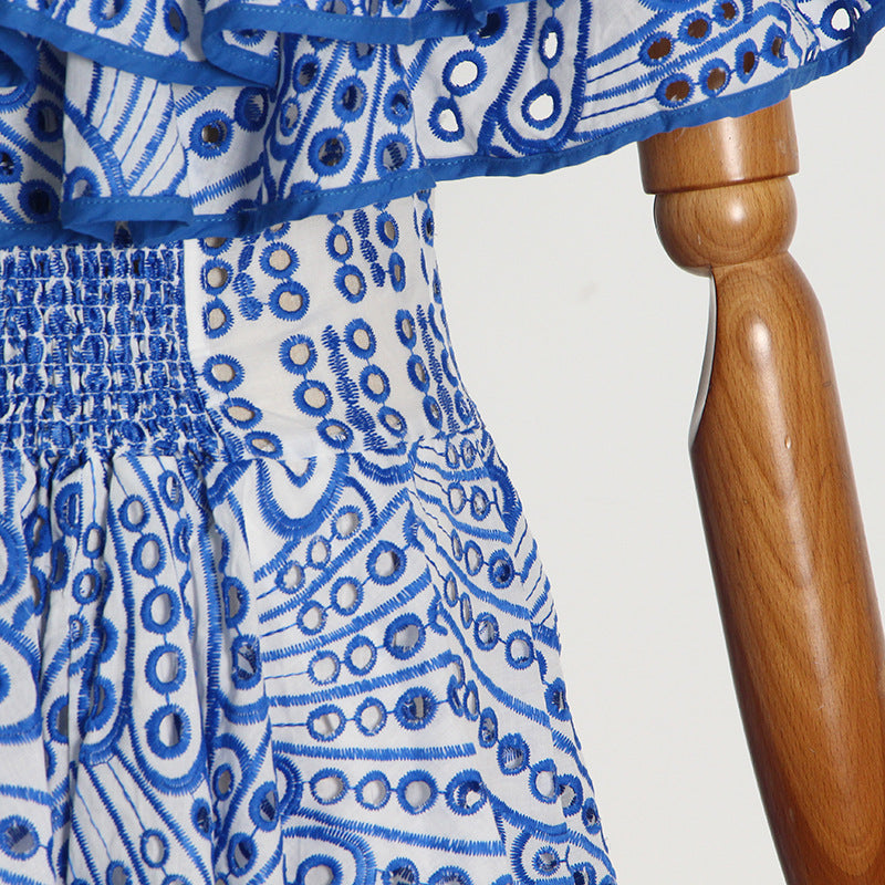 Double Ruffle Embroidery Hollow Out Mini Dress