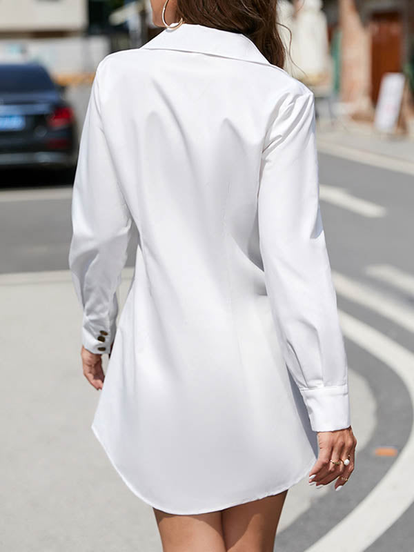 Buttoned Pleated Solid Color Long Sleeves Loose Lapel Shirt Dress Mini Dresses
