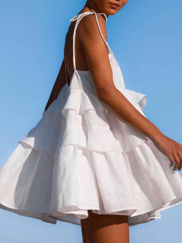 Backless Layered Pleated Solid Color Tied High Waisted Loose Spaghetti-Neck Mini Dresses