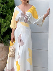 High-Waisted Printed Loose Raglan Sleeve Deep V-Neck Maxi Dresses
