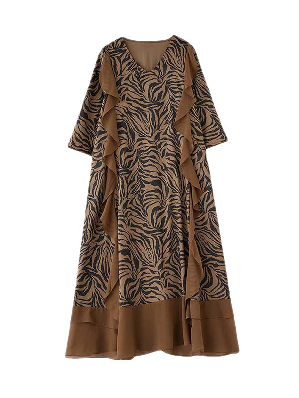 Ruffled Split-Joint Zebra-Stripe A-Line Batwing Sleeves V-Neck Midi Dresses