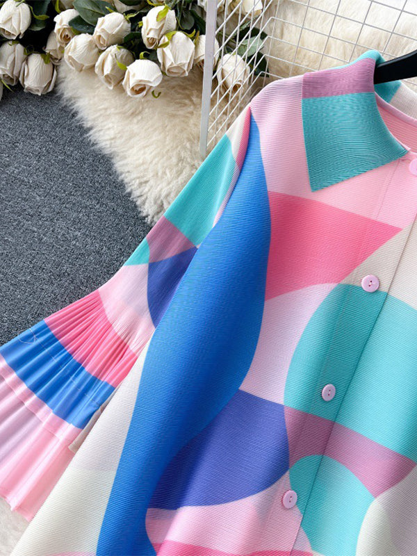 Belted Contrast Color Pleated Flared Sleeves Loose Midi Dresses