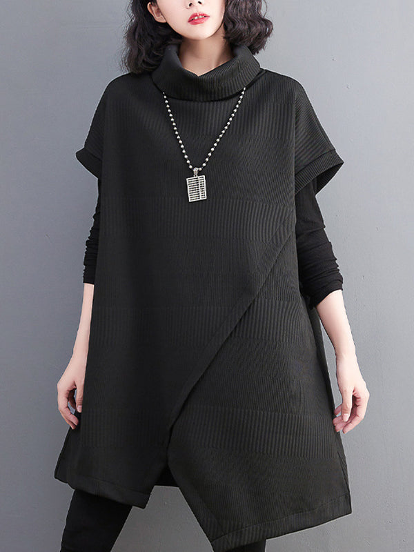 Asymmetric Solid Color Split-front Split-Joint Loose Raglan Sleeve High-neck Mini Dresses Knitwear