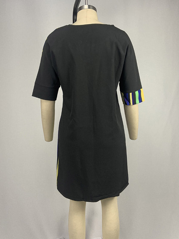 Asymmetric Contrast Color Striped A-line Half Sleeves Round-neck Mini Dresses