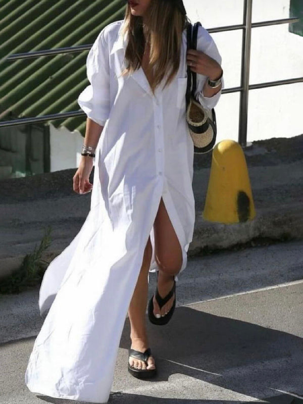 Buttoned Solid Color Split-Side Long Sleeves Loose Lapel Shirt Dress Maxi Dresses