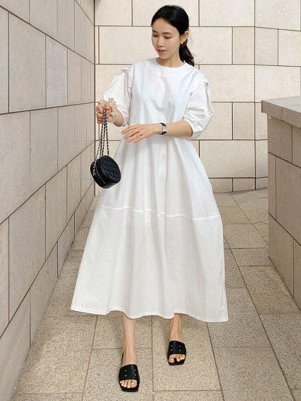 Casual Round-Neck Bishop Sleeve Loose Solid Color Midi Dress