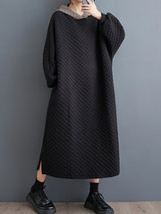 Hooded Quilted Split-Side A-Line Long Sleeves Midi Dresses