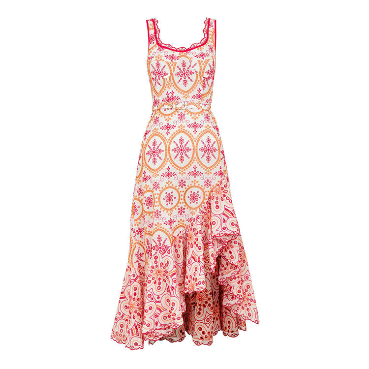 Asymmetrical Embroidery Midi Dress