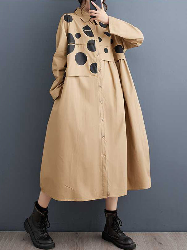 Asymmetric Buttoned Polka Dot Split-Joint A-Line Long Sleeves Lapel Midi Dresses