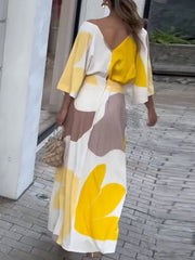 High-Waisted Printed Loose Raglan Sleeve Deep V-Neck Maxi Dresses