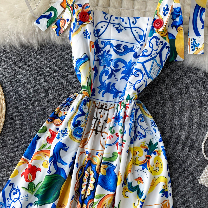 Bandage Bowknot Design Retro Printed Dress Flaxmaker