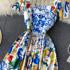 Bandage Bowknot Design Retro Printed Dress Flaxmaker