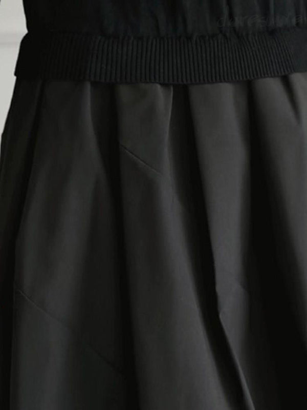 Pleated Split-Joint A-Line Long Sleeves Round-Neck Midi Dresses