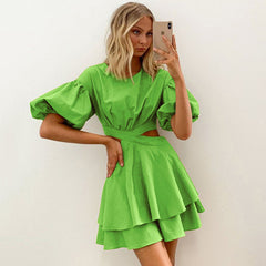 Puff Sleeve Cutout Solid Color Dress