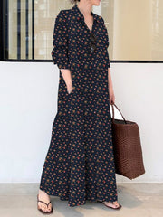 Vintage Printed Lapel Long Sleeve Shirt Maxi Dress