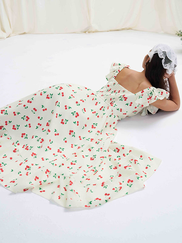Buttoned Elasticity Flower Print Pleated High Waisted Loose Square-neck Midi Dresses