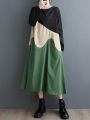 Contrast Color A-Line Long Sleeves Round-Neck Midi Dresses