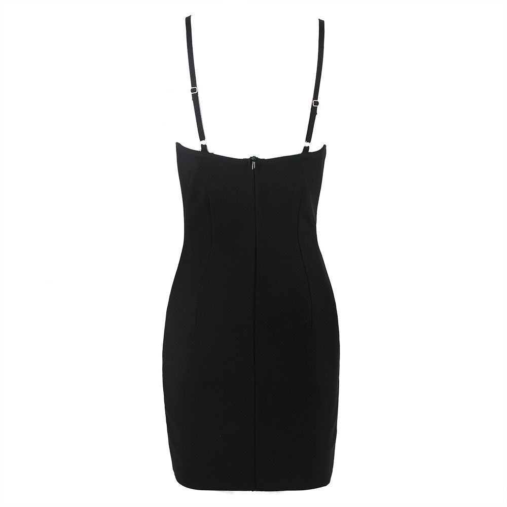 Black Sling Rhinestone Decor Mini Dress