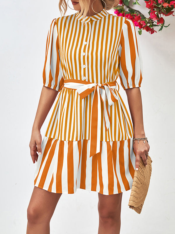 Buttoned Striped Half Sleeves Loose Stand Collar Mini Dresses