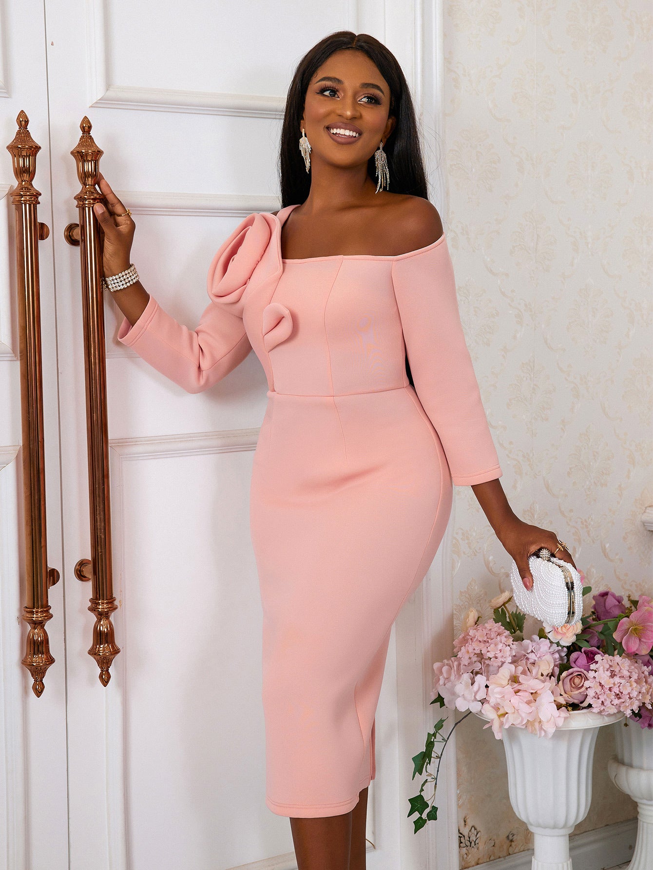 Off Shoulder 3D Flower Dress
