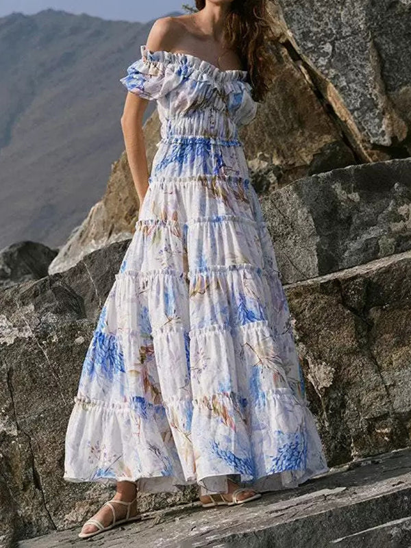 Flower Printed Short Sleeves One Shoulder Bohemia Maxi Dresses