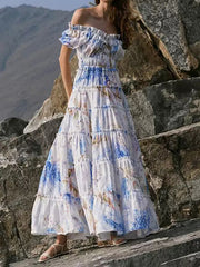 Flower Printed Short Sleeves One Shoulder Bohemia Maxi Dresses