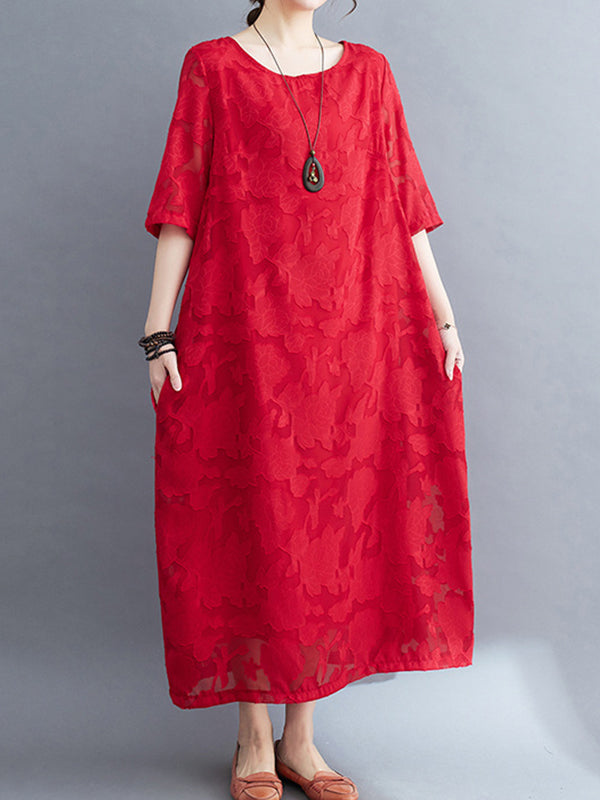 Jacquard See-Through Solid Color Loose Three-quarter Sleeves Round-neck Midi Dresses
