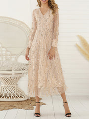 Gauze Pockets See-Through Sequined Split-Joint Long Sleeves Loose V-Neck Midi Dresses Evening Dresses