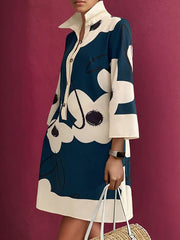 Buttoned Flower Print A-Line Loose Stand Collar Mini Dresses