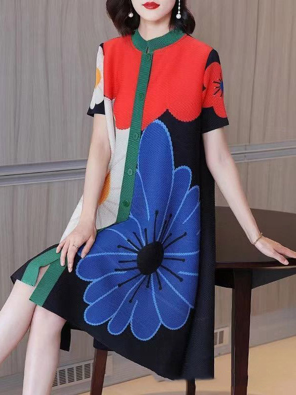 Buttoned Flower Print Pleated A-Line Loose Round-Neck Midi Dresses