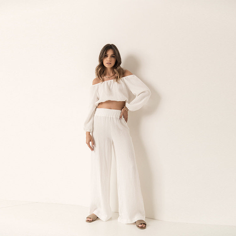 Fashion Casual  Off Shoulder Solid Color  Two Piece Set